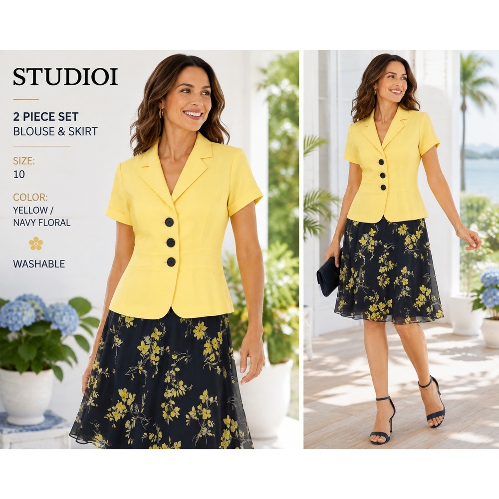NWT STUDIO I 2-Piece Skirt Suit Women's 10 Yellow Black Floral Jacket #1851
